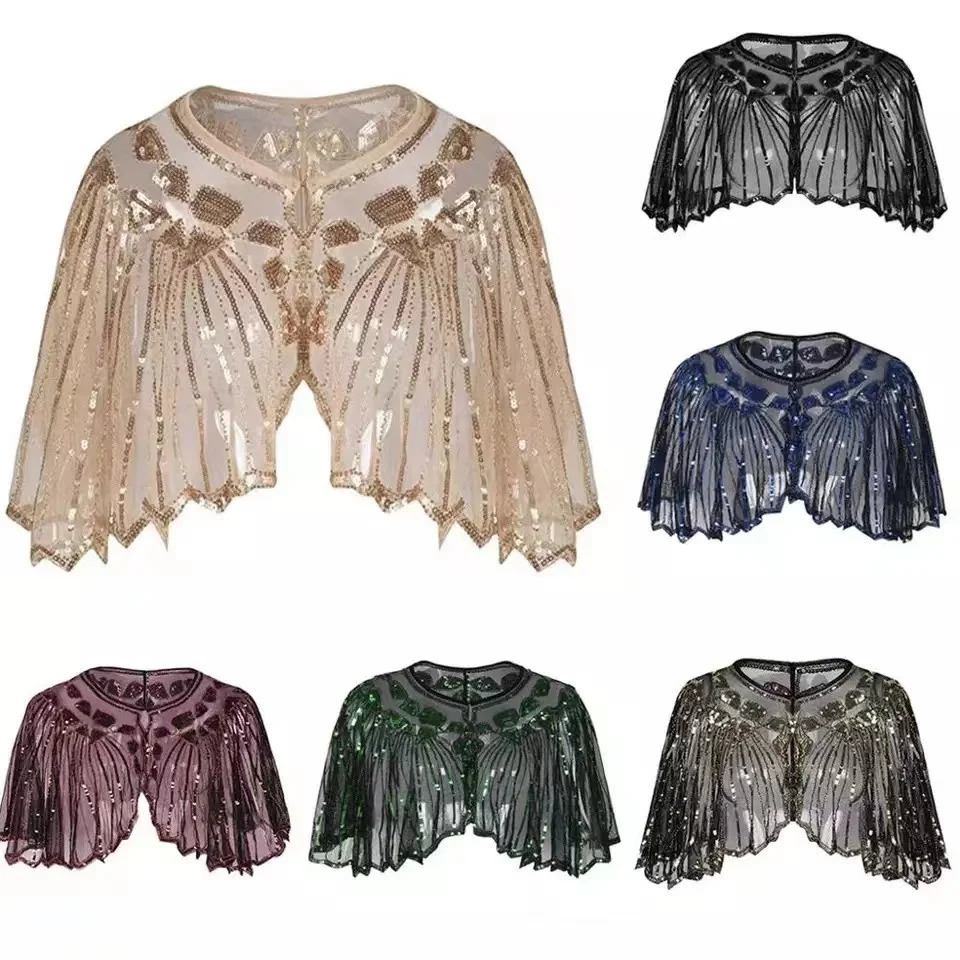 Vintage 1920s Flapper Shawl Sequin Beaded Short Cape Beaded Decoration Gatsby Party Mesh Short Cover Up Dress Accessory 251029