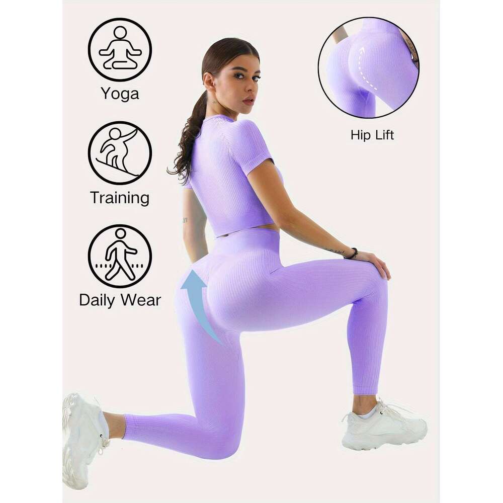 Two-Piece Outdoor Sports Suit - Short Sleeve Navel Top High Waist Solid Color Running Tights, Women's Workout Sets for Yoga and Dail Wear with Me