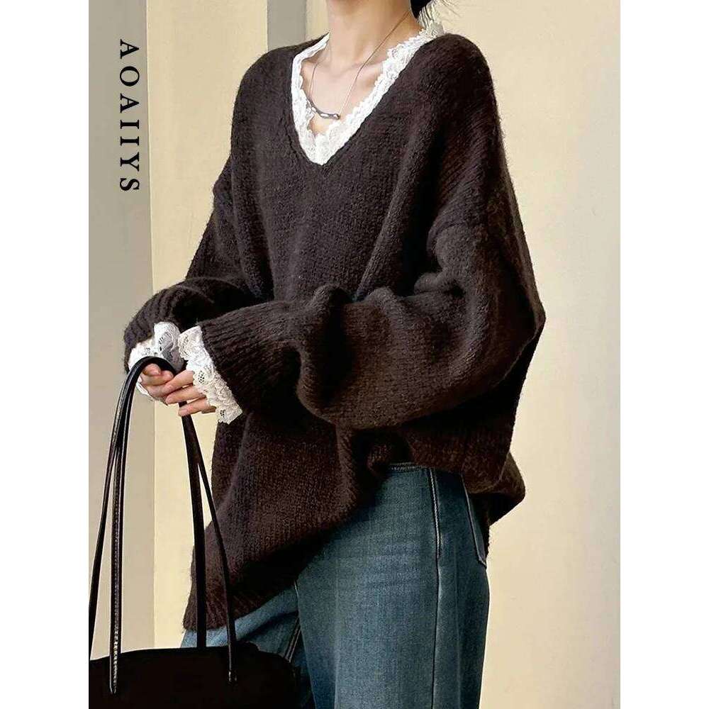 Aoaiiys Women V Neck Lace Spliced Pullovers Vintage Chic Knitted Jumpers Autumn Winter New Comfortable Loose Sweaters