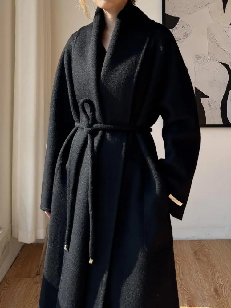 Office Lady Alpaca Woolen Jackets 2025 Fall And Winter Bathrobe Style Yarry Collar LaceUp Tie Loose Womens Long Wool Coats 251029