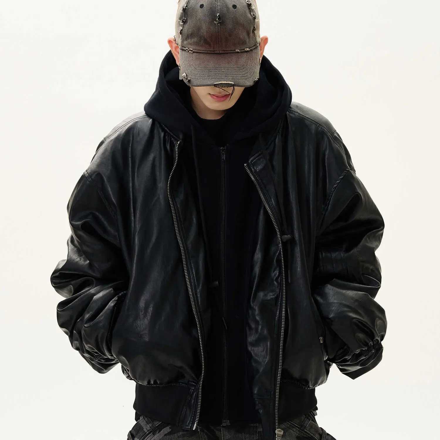 2025 New Spring Y2k Outerwears Vintage Black Faux Suede Leather jacket Men Zipper Fake 2 Piece Luxury Designer Clothes HoodieT251029