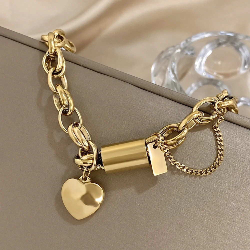 Punk Chunky Gold Color Thick Chain Stainless Steel Bracelets for Women Fashion Heart Love Pendant Wrist Jewelry Gift 251028