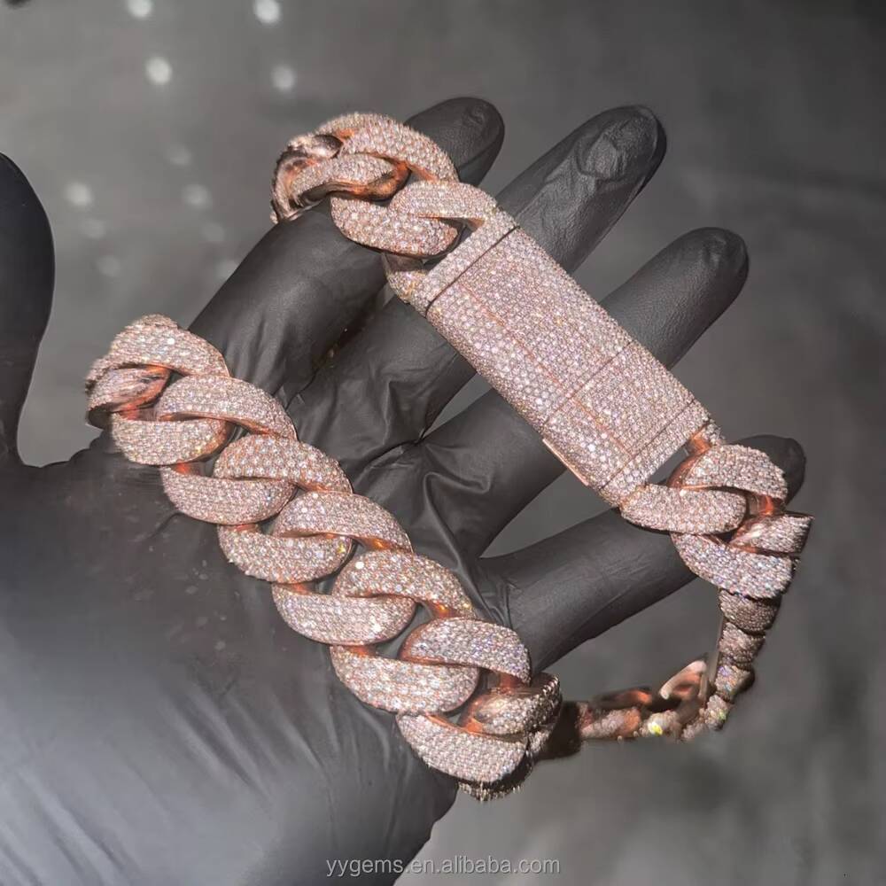 Yu Ying Custom Heavy Chain 20mm 22mm Men Full Iced Out Moissanite Rose Gold 925 Silver Cuban Link Chain Necklace Hip Hop Jewelry