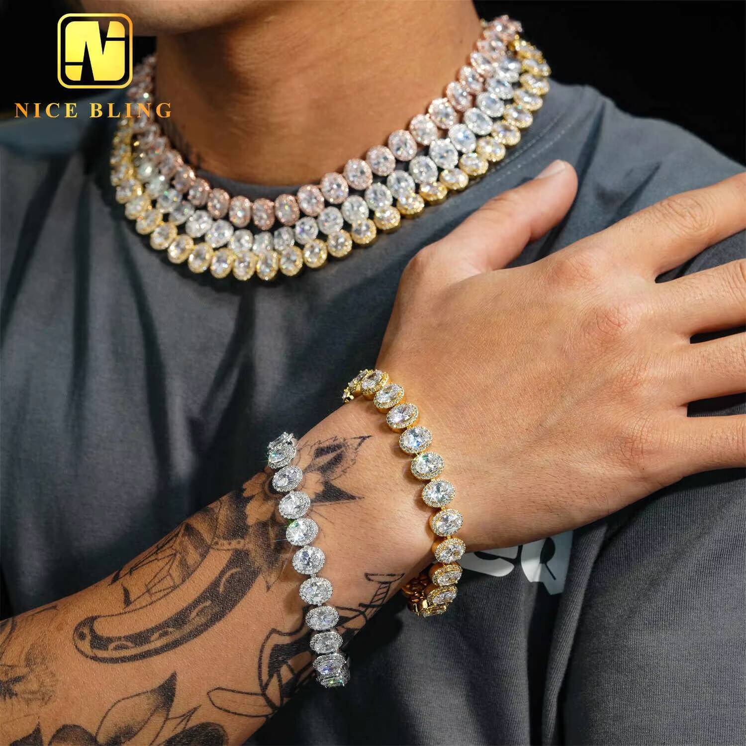 Oval Cut Iced Out Diamond Clustered Tennis Chain Sugar Cuban Chain 18k Gold Plated Necklace Hip Hop Rock 5A CZ Rapper Jewelry