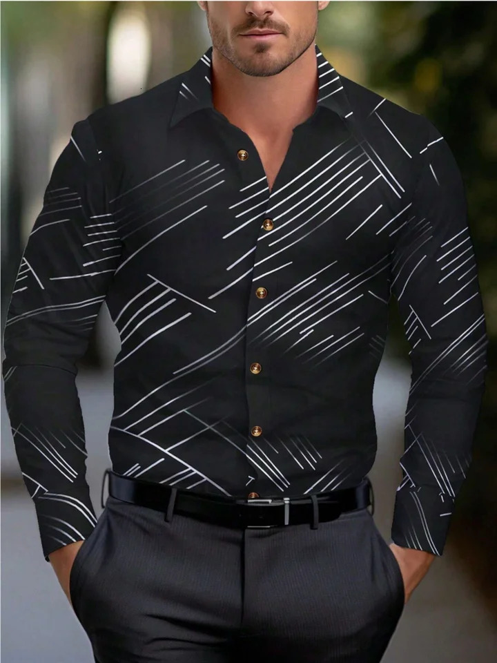 Mens round neck shirt long sleeved striped lapel casual for spring autumn winter and summer 251029