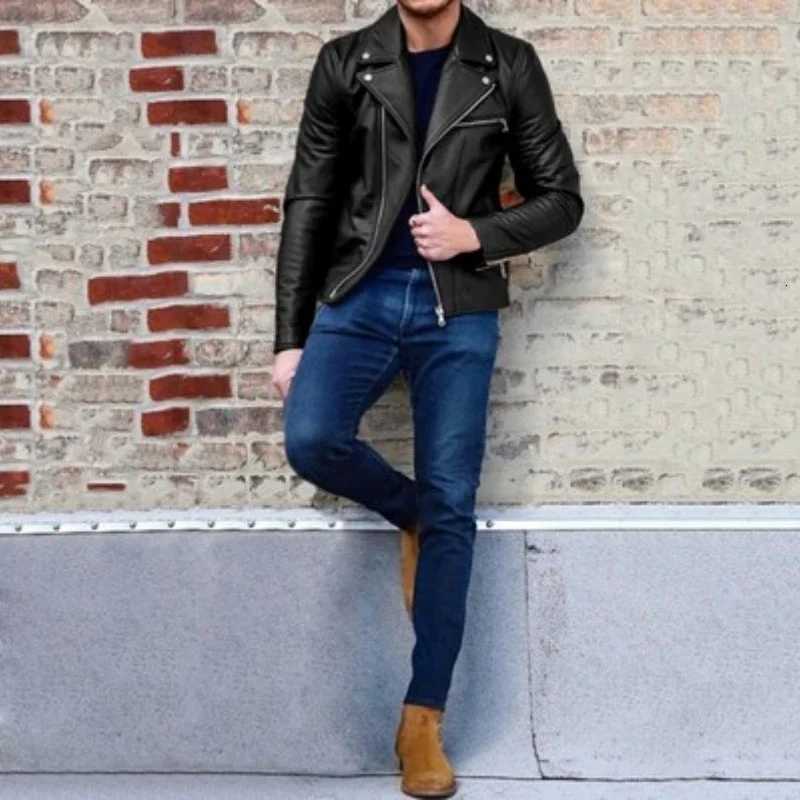New Jacket Fashion Autumn Winter Men Leather Long Sleeve Lapel Clothing Casual Loose Male Fit Motorcycle Jacket Coat with ZipperT251029