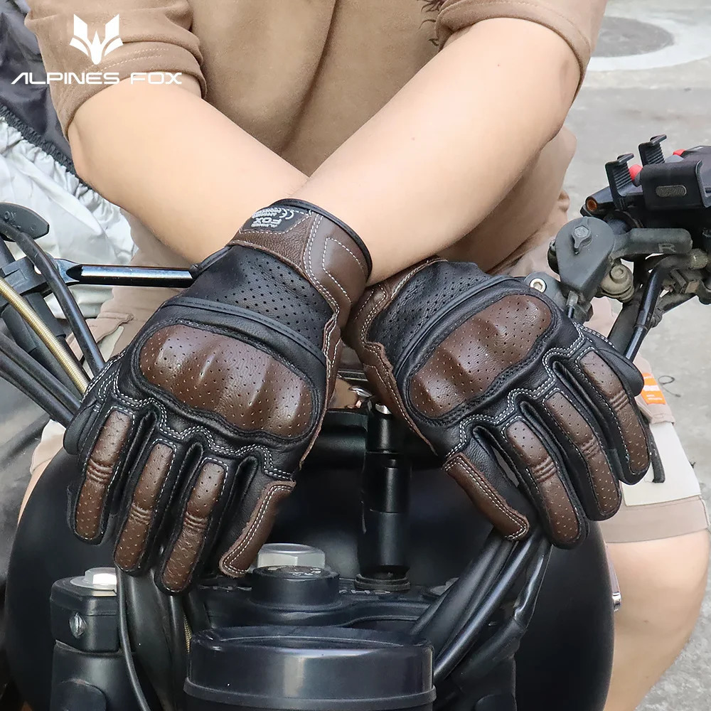 Summer Retro Perforated Leather Motorcycle Gloves Men Women Full Finger Motocross Biker Glove Guantes Moto Equipment MXXL 251013