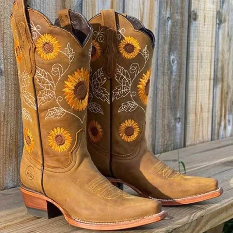 New Women Coffee Brown Embroidery Boots PU Leather Printed Western Cowboy Boots Deep Vmouth High Tube Casual Boots Classic Z251029