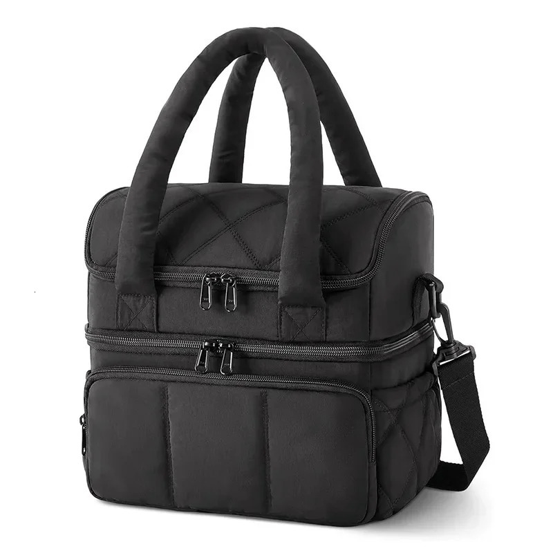 largecapacity portable lunch bag lightweight doublelayer quilted insulation bag nylon lunch box with padded shoulder strap 251029
