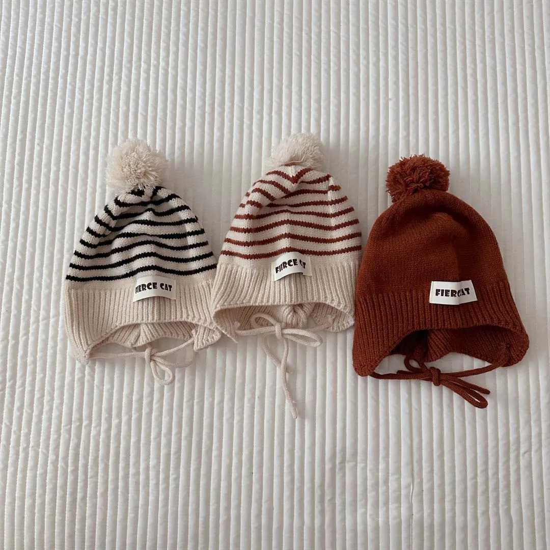 Cute Pom Kids Knit Hat 2023 Autumn Kids Beanie Ear Protection Cap For Girls Boys Fashion Striped Soft Baby Bonnet Cap251028