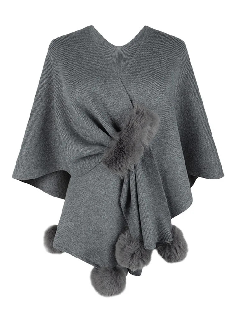Womens Hairball Patchwork Solid Color Shawl Cardigan Autumn Winter Poncho Batwing Sleeve Sweater Cape Coats 251029