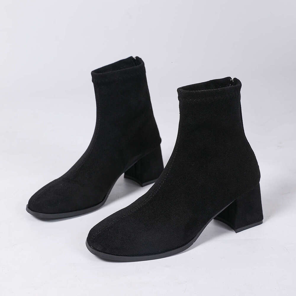 2025 Autumn Winter New Square Toe Back Zipper Elegant High Fashion Large Size Chunky Heel Short Boots for Women