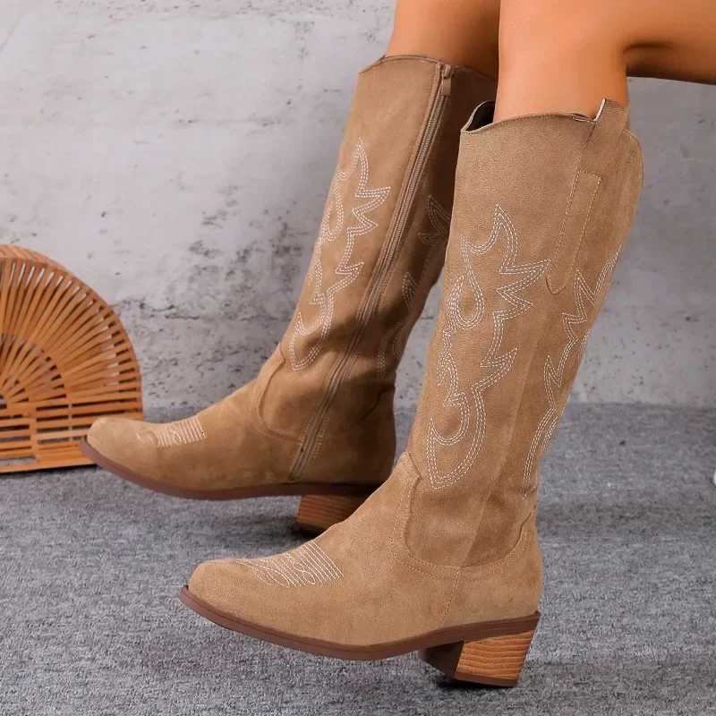 Spring and Autumn Thick Heel V Mouth Show Thin Tall Long Boots Embroidered Retro Western Cowboy Boots Restore Ancient Style Z251029