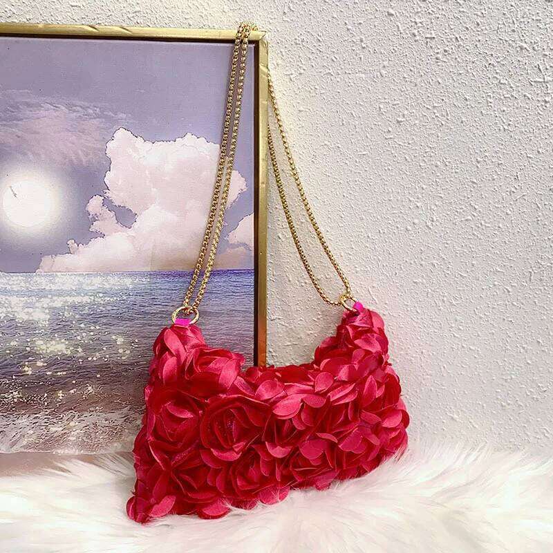 Designer Bags Niche Three-Dimensional Rose Flower Sequin Satin Chain Zipper Underarm Crescent Dinner Bag Luxury Bag