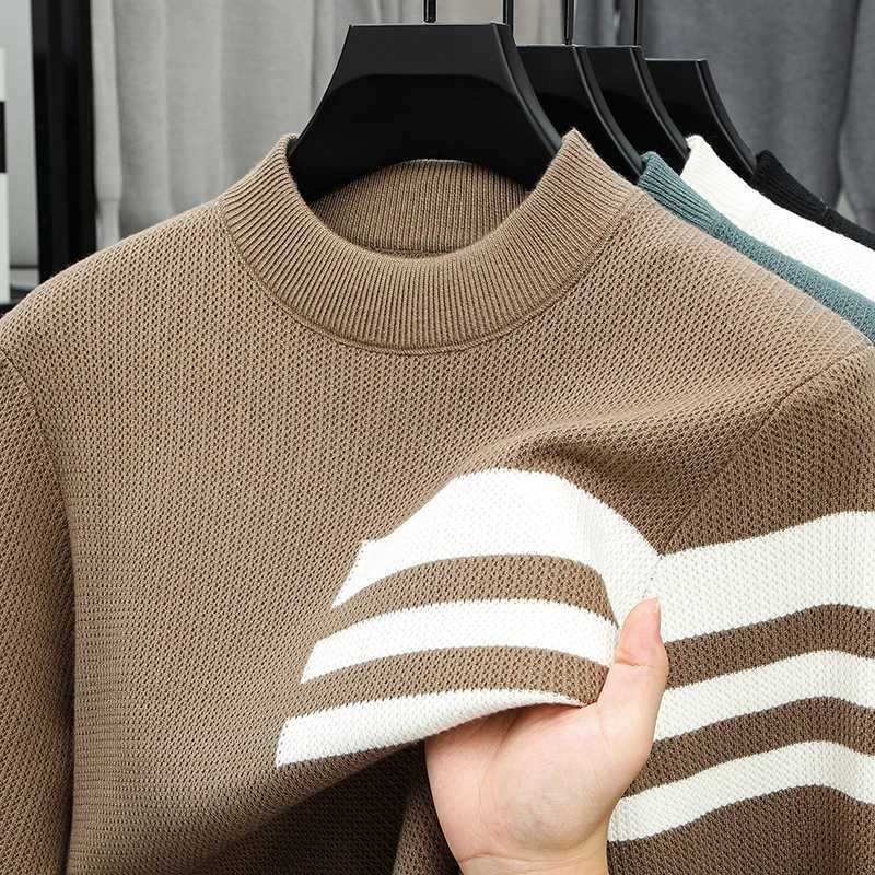 Mens Autumn New Semi High Neck Long Sleeved Knitted Sweater Casual Thick Inner Layer Outer Layer Warm Base Shirt Autumn Outfit J251029