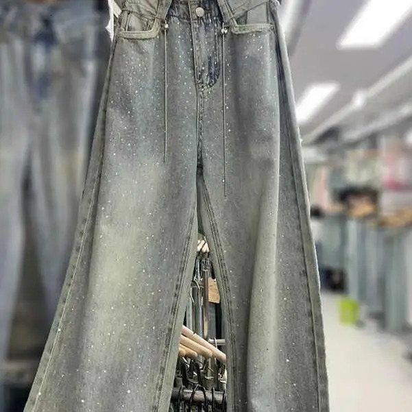 American High Street Spicy Starry Diamond Frayed Wide Leg Jeans Women Summer Ele High Waist Dra FloorLength 251029