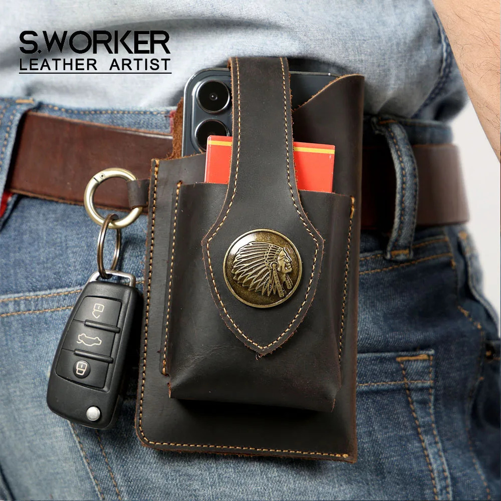 Vintage Genuine Leather Waist Bag Cellphone Loop Holster Mens Belt Bag Phone Pouch Wallet Phone Case 251021