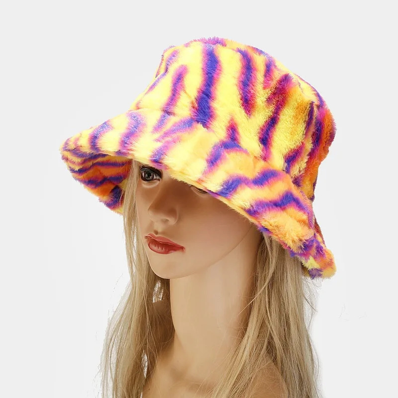 Winter Zebra Pattern Faux Fur Fluffy Bucket Hat Outdoor Women Keep Warm Panama Cap Men Thickened Windproof Fisherman Caps 251013