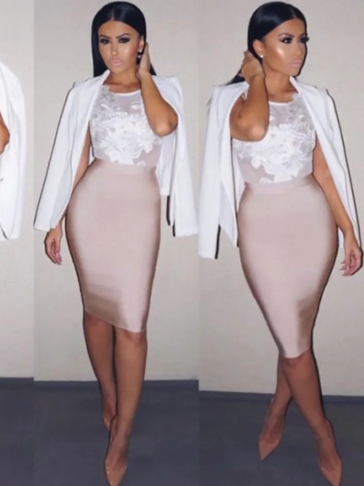 13 Colors Solid Nude XL XXL Sexy Summer Bodycon Party Bandage Skirt Women Blue Pink White Black Beige Red Pencil Skirt 60cm 251028