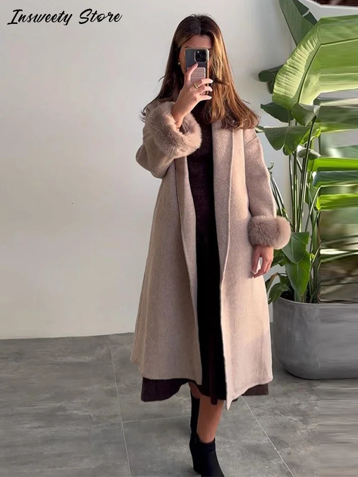 Elegant Solid Long Overcoat Women Turndown Collar Lace Up Full Sleeve Classic Warm Coat Lady Autumn Winter Casual Wear 251028