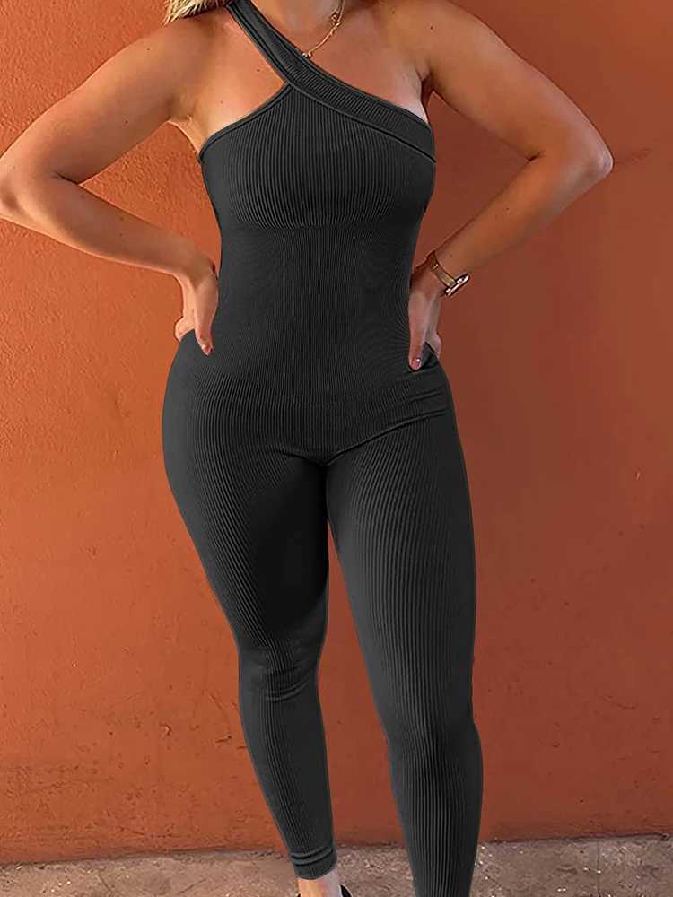 Women Yoga Jumpsuits Workout Ribbed One Shoulder One Piece Sport Jumpsuits Solid Sleeveless Hip Lifting Fitness JumpsuitsXJ251029