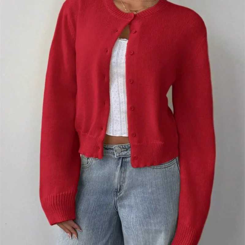 Autumn Winter Round Neck Threaded Long Sleeved Button Womens Cardigan Jacket Sweater Short Leisure Loose Solid Color TopT251028