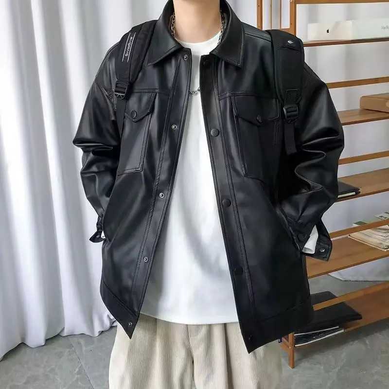 New Autumn and Winter Pu Leather Lapel Loose Retro Motorcycle Suit Mens Casual Windproof JacketT251029