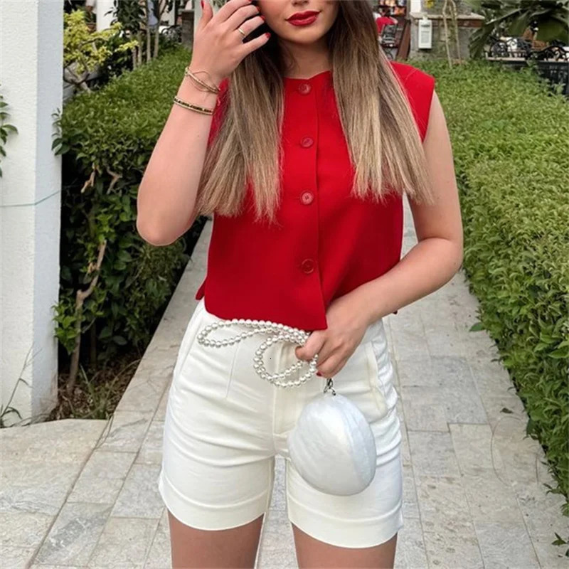 MUJER Red Sleeveless Vest Woman Button Black White Cropped Vest Women Summer Casual Short Coats Waistcoat Womens Fashion Vests 251029