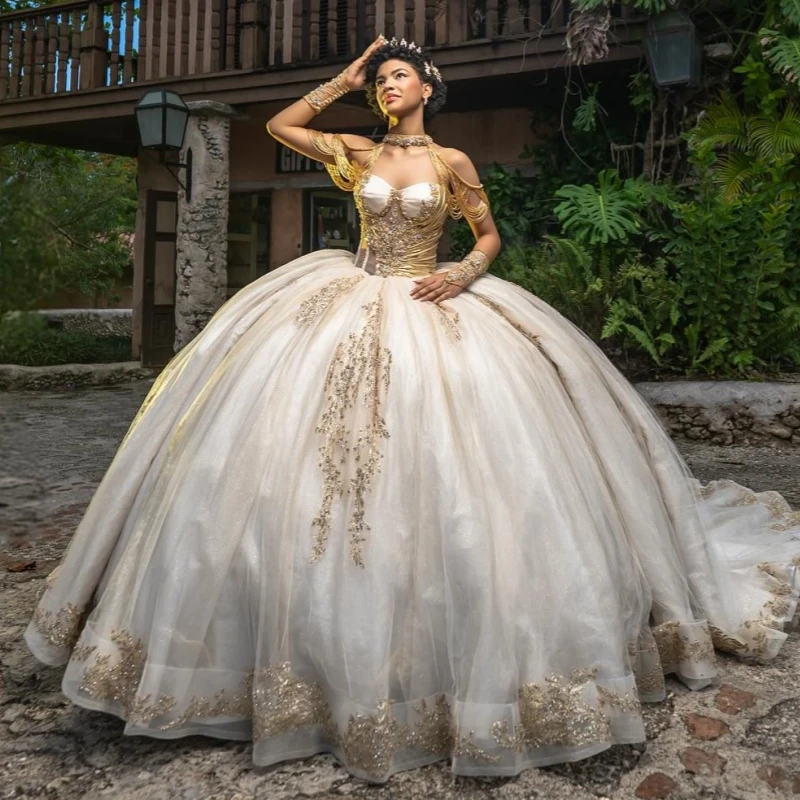 Champagne Ball Gown Quinceanera Dresses Off The Shoulder Applique Lace Beading Tull Party Birthday Sweet 16 Dress Vestidos 15 Anos
