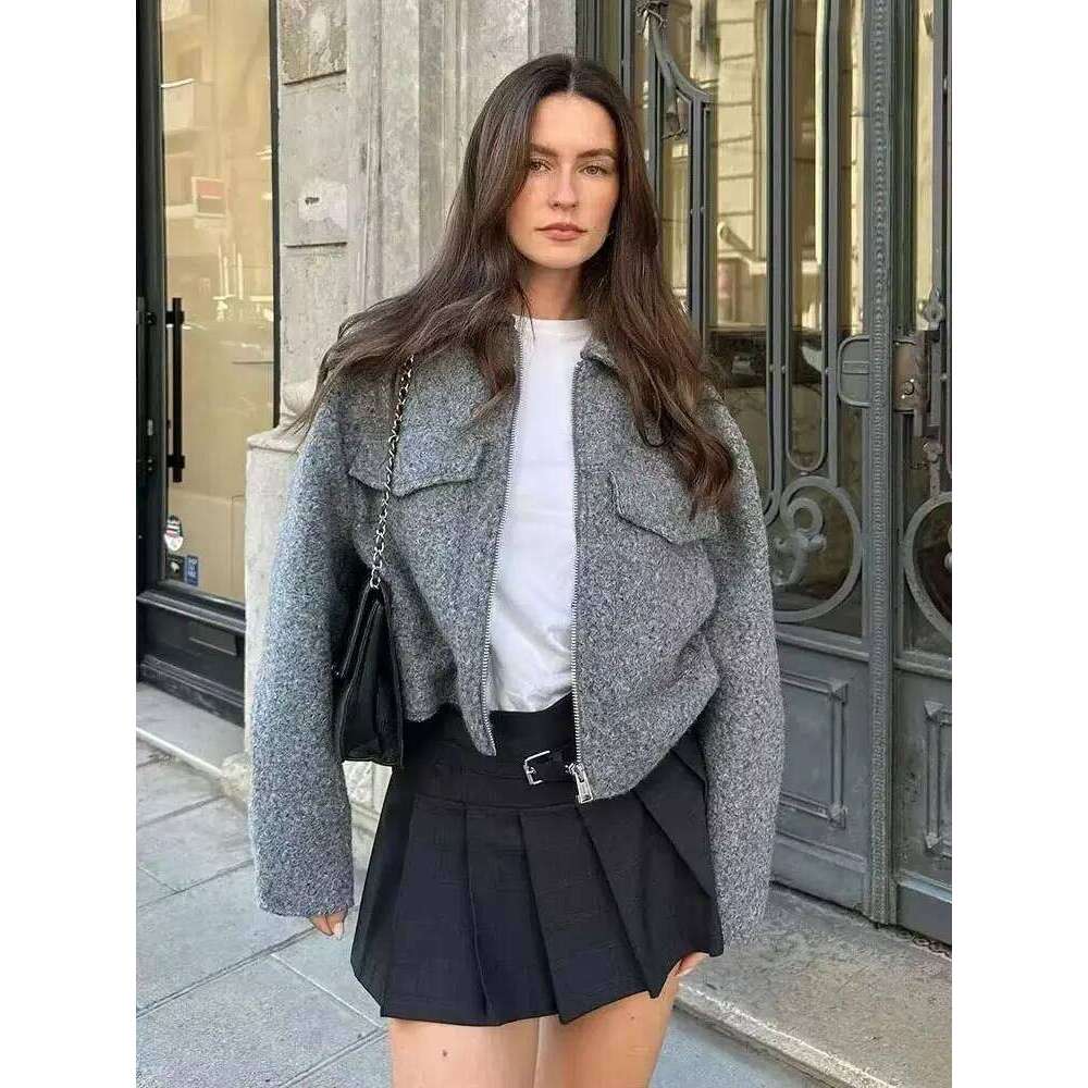 Women Fashion Patch Pockets With Flaps Cropped Jacket Coat Vintage Long Sleeve Front Zipper Female Outerwear Chic Tops
