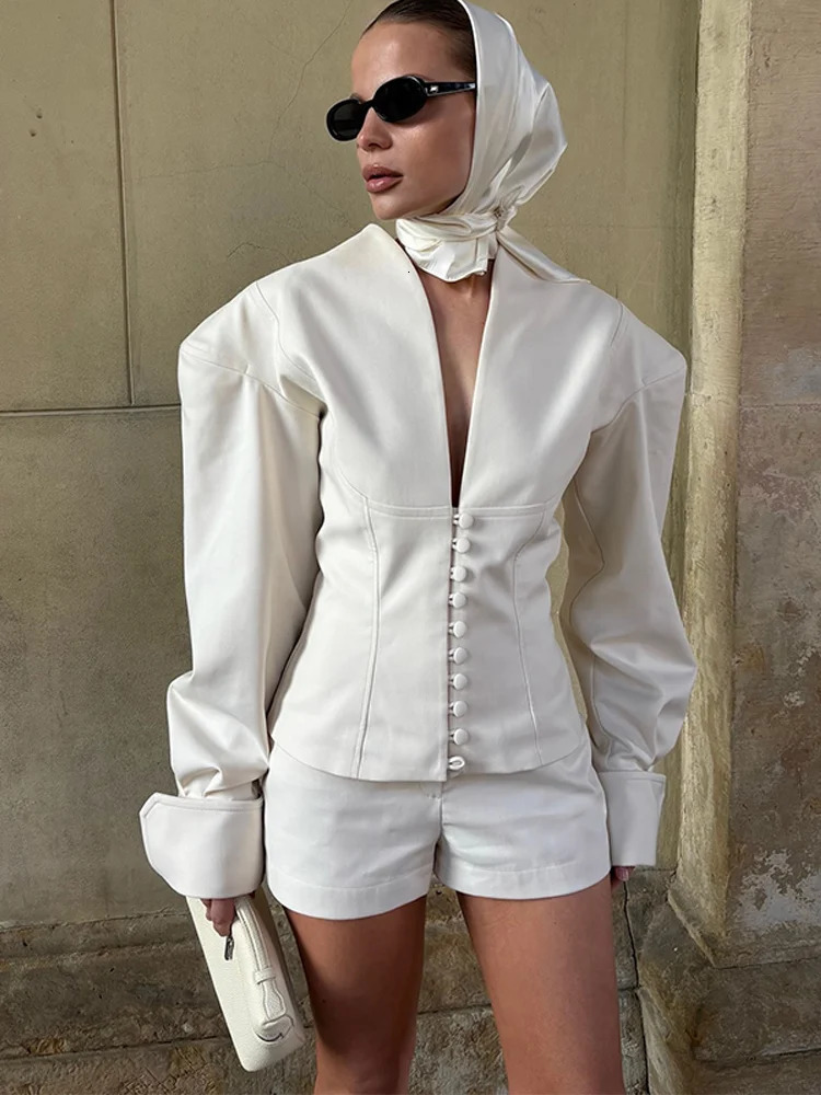 Deep V Neck Silhouette Suit Jacket Coat Shorts Set Loose Shoulder Buckle Waist Cinching Slimming Women Outwear Shirt Top Shorts 251029