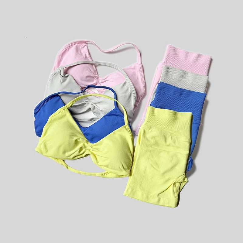 Yoga Set Fitness Gym Women Solid High Waist Peach Short Legging Halter Neck Sport Bra Athletic Gym SuitXJ251029