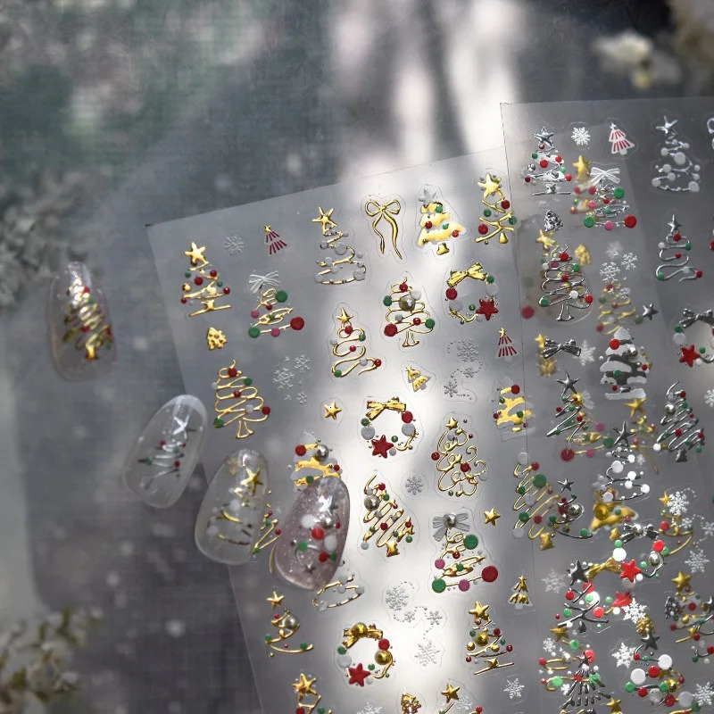 13pcs Christmas Nail Stickers Crystal Diamond Cartoon Tree Apple Back Glue Nail Art Stickers DIY 3D Nails Decorations 251027