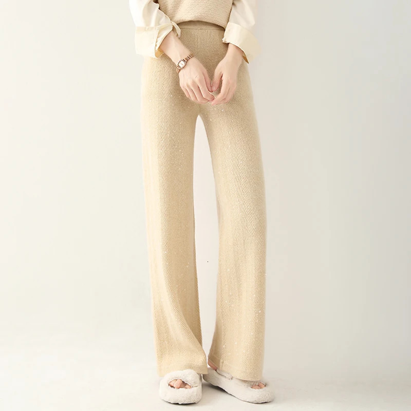 Women Wool Wide Leg Pants Elastic Waist Threaded Pattern Trousers Autumn Winter 100 Merino Knit Soft Warm 251029