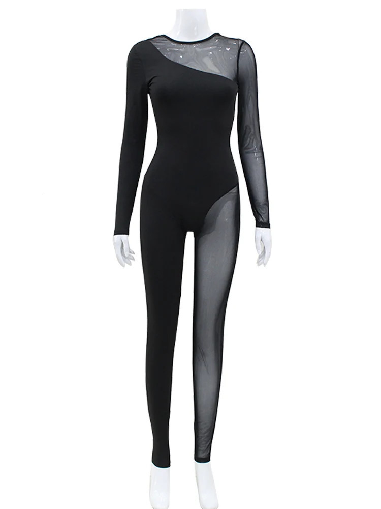 Hipster Tight Jumpsuit Woman Midnight Overalls Streetwear ONeck Long Sleeve Zipper Sexy See Through Mesh Rompers Women 251027