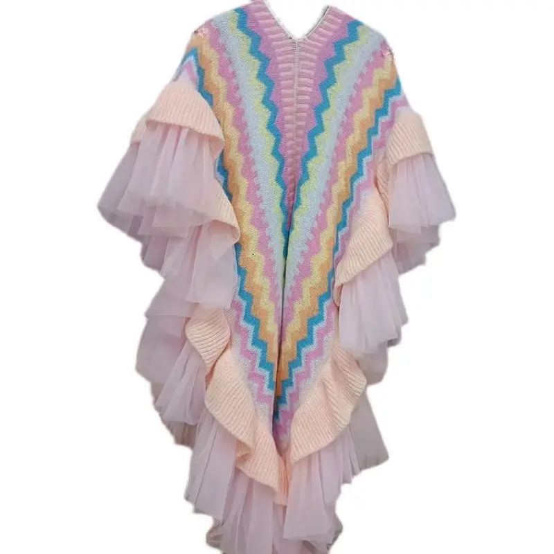 3D Flowers Embroidered Rainbow Knitted Shawl Mesh Spliced Ruffles Sweater Coat Irregular Gauze Ruched Scarf Cape Cardigan Poncho 251029