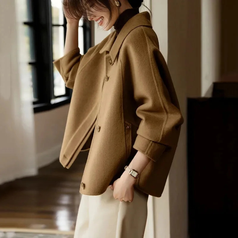 Long Sleeves Wool Blend female Outwear Korean Large Size 4XL Woolen Short Ladies Jacket Winter Flip Collar Woolen Women Coat 251029