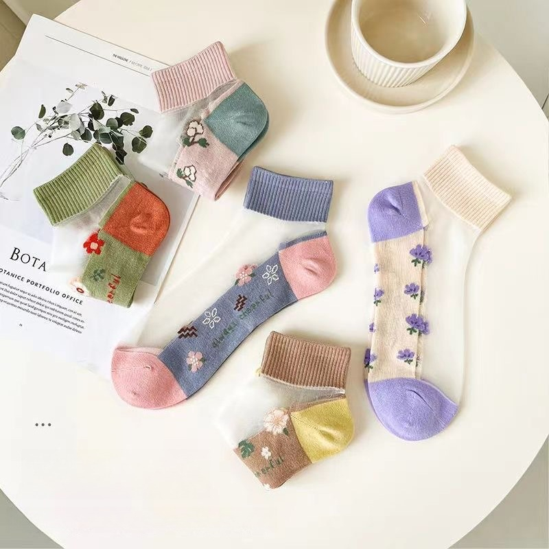 OC511001 Summer Thin Socks for Female Students Short Boat Socks Anti Hook Breathable Sweat Absorbing Sweet Plant Flower Pattern