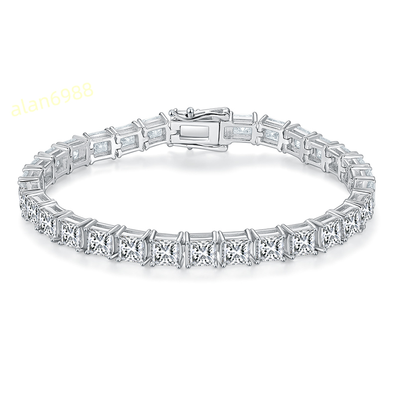 Squareshaped Mosaic Tennis Chain Bracelet in S925 Silver Plated with White Gold Set with Moissanite