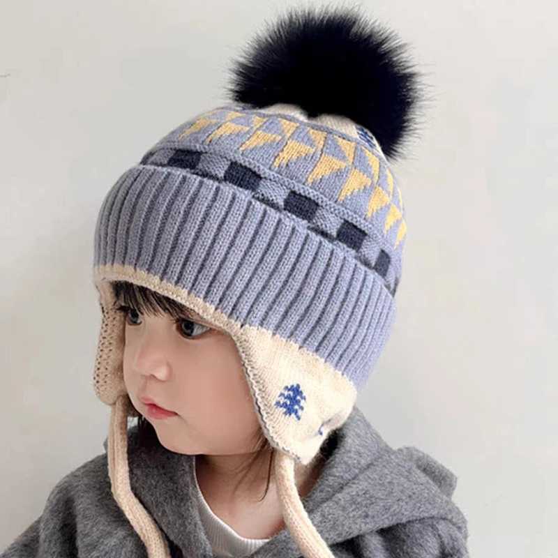 Fluffy Fur Ball Baby Knitted Hat Winter Warm Kids Earmuffs Cap 36year Boy Girl Woolen Crochet Bonnet Fashion Children Beanies251028