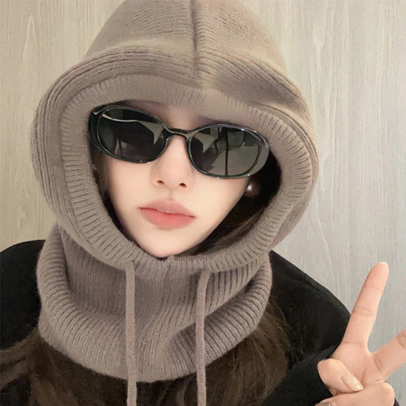 Knitted Hooded Caps Winter Balaclava Hats Women Korean Style Outdoor Warmer Drawstring Hats Onepiece Neck Collar Beanies Cap 251029