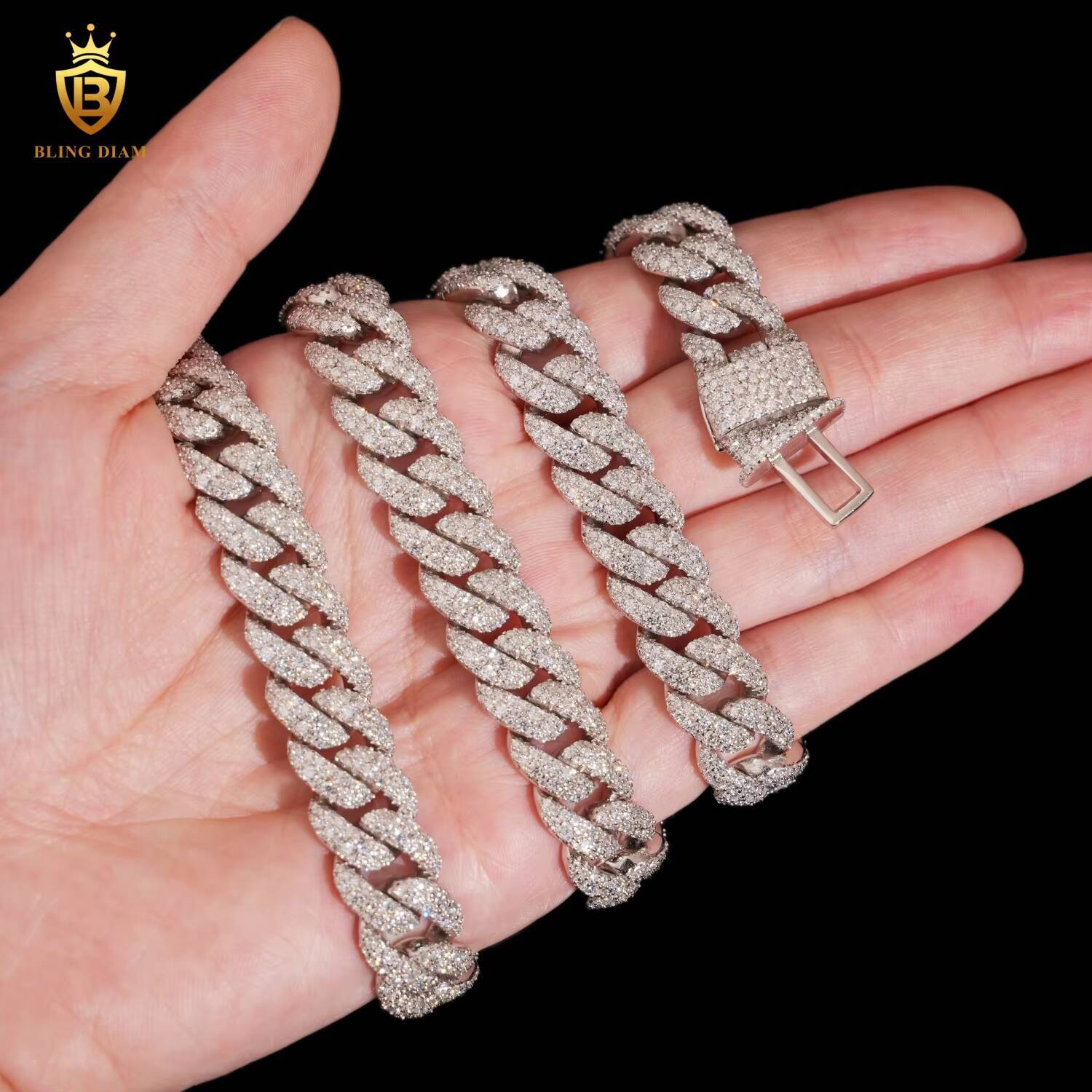 Wholesale 12mm Rock Jewelry Miami Iced Out Cuban Link Chain Moissanite in S925 Silver for Rapper Bracelets Necklace