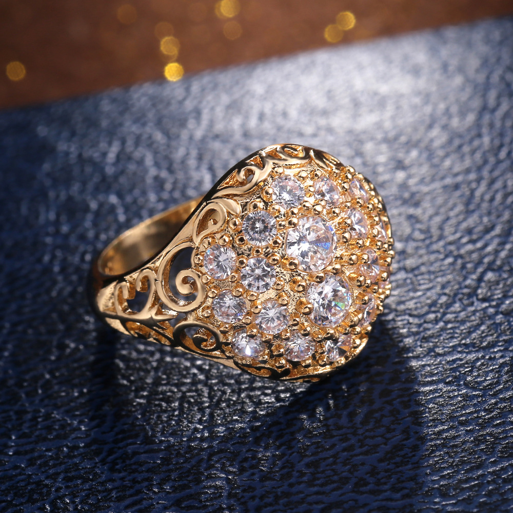 Vintage Women Fashion Jewelry 18K Gold Fill Round Cut 5A Zircon CZ Diamond Hollow Top Sell Party Elegant Lady Wedding Engagement Band Ring Gift