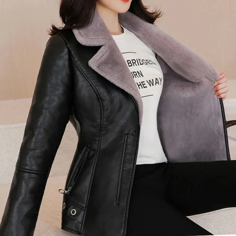 Winter PU Leather Jacket Women Short Blazers Coat Fleece Doublefaced Fur Leather Outerwear Lady Slim Suit Tops Jackets 251029