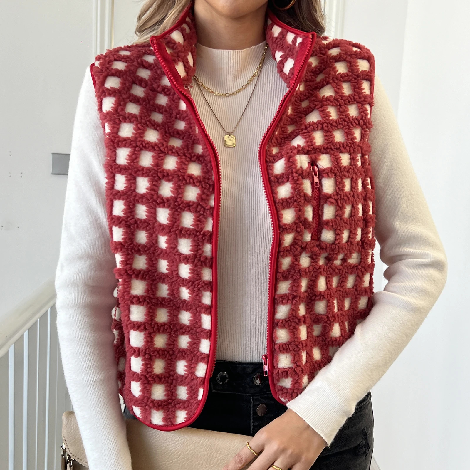 Womens Fuzzy Checkered Vest Sleeveless Stand Collar Zip Up Vest Jacket Loose Spring Fall Warm Outwear 251029