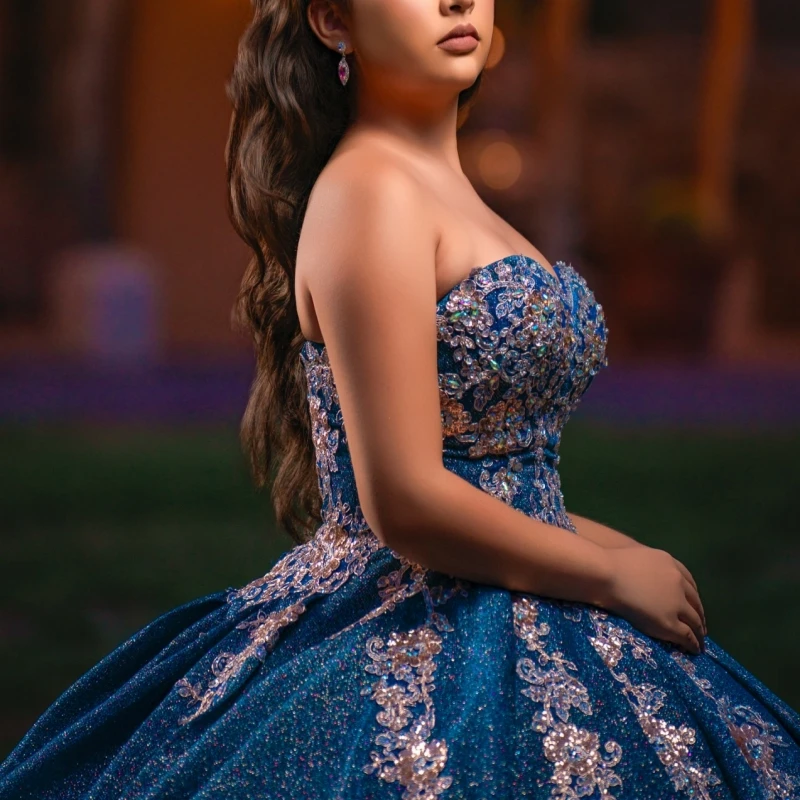 Navy Blue Shiny Ball Gown Quinceanera Dresses Off The Shoulder Applique Lace Beads Tull Party Birthday Sweet 16 Dress Vestidos