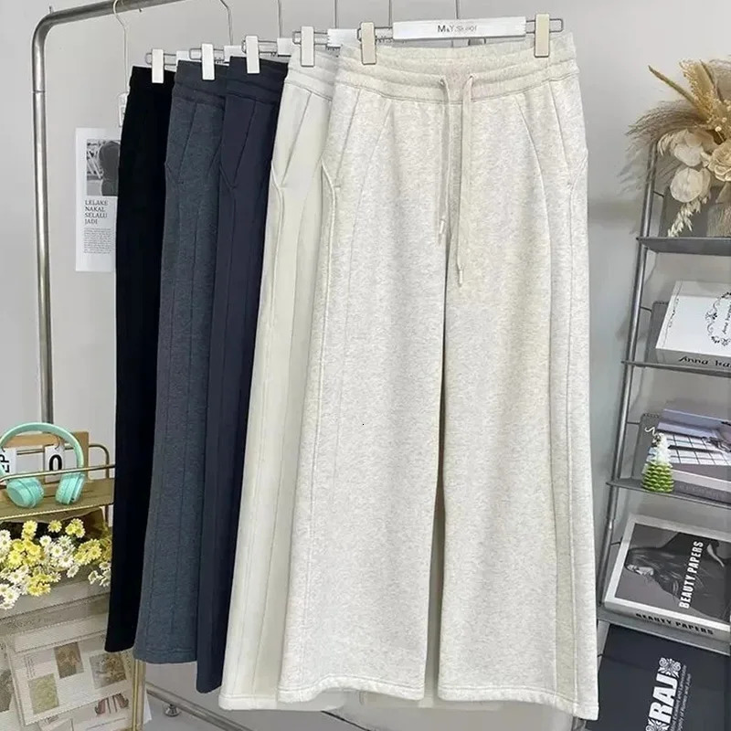 Autumn Winter Women Chic ner Cotton High Waisted Sweatpants Lady Versatile Casual Solid Wide Leg Straight Trousers 251029