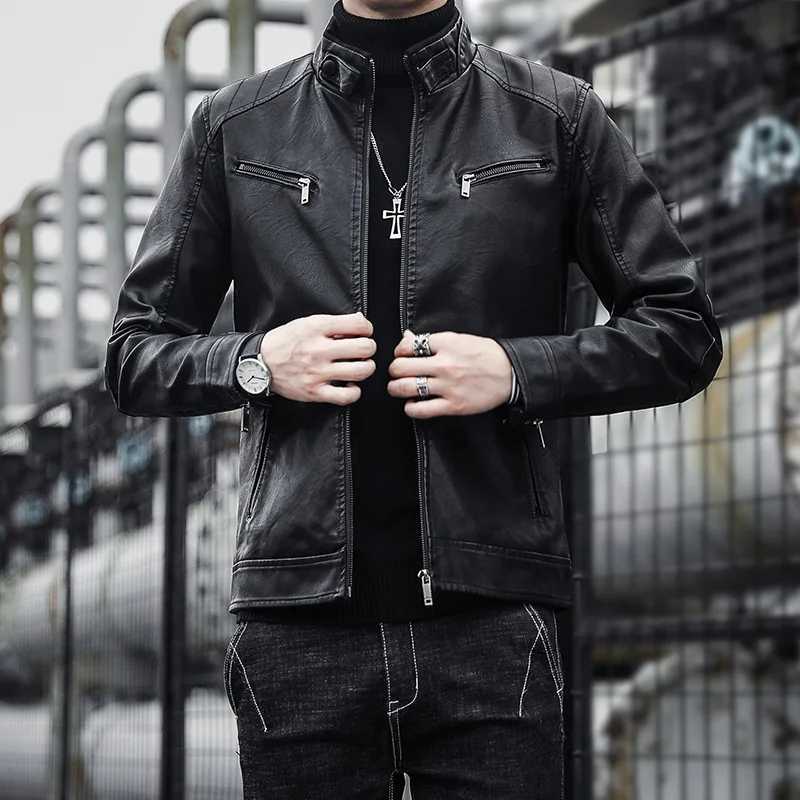 Mens PU leather jacket mens trendy youth stand collar punk mens motorcycle leather jacketT251029
