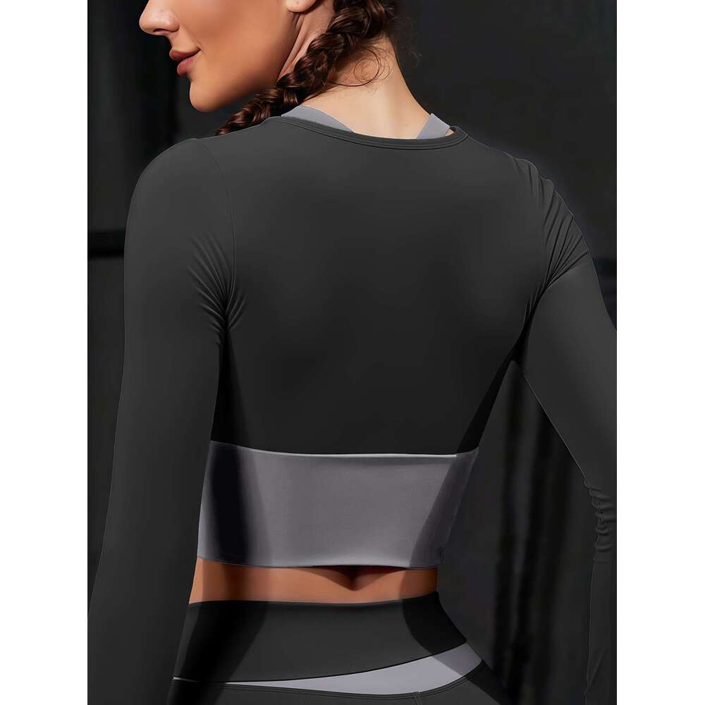 2pcs Women's suit Colorblocked design Long sleeves Built-in bra pads Matching leggings Suitable for cycling, fiess, yoga, running sports