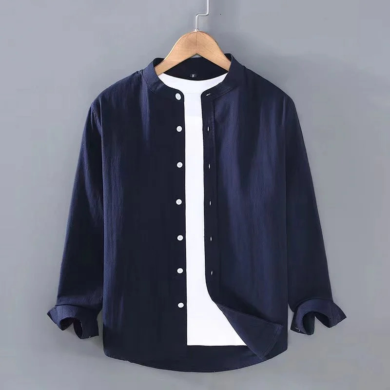 Spring Summer Mens Linen Shirt Pure White Stand Collar Long Sleeve Henley Soft Comfortable Simple Slim Fashion 251029